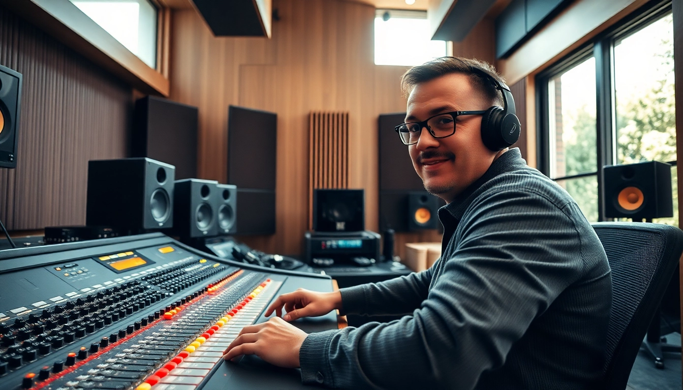 Sound engineer mastering audio in a state-of-the-art studio, showcasing online audio mastering techniques.