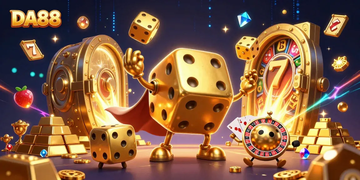 DA88 capture excitement with a golden dice golem and casino elements juggled in the scene.