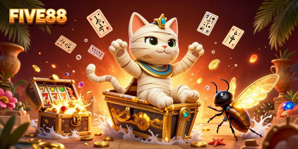 Experience thrilling gameplay with FIVE88 at this vibrant casino scene featuring a cartoon mummy cat and rich game elements.