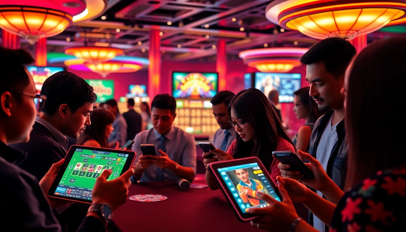 Engaging online casino scene showcasing diverse players with ev88win.live interfaces on digital devices.