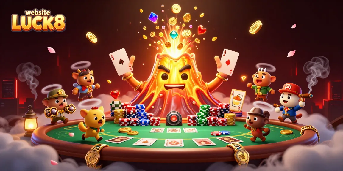 Exciting poker action with website LUCK8, showcasing a golden volcano, explorer animals, and poker elements.
