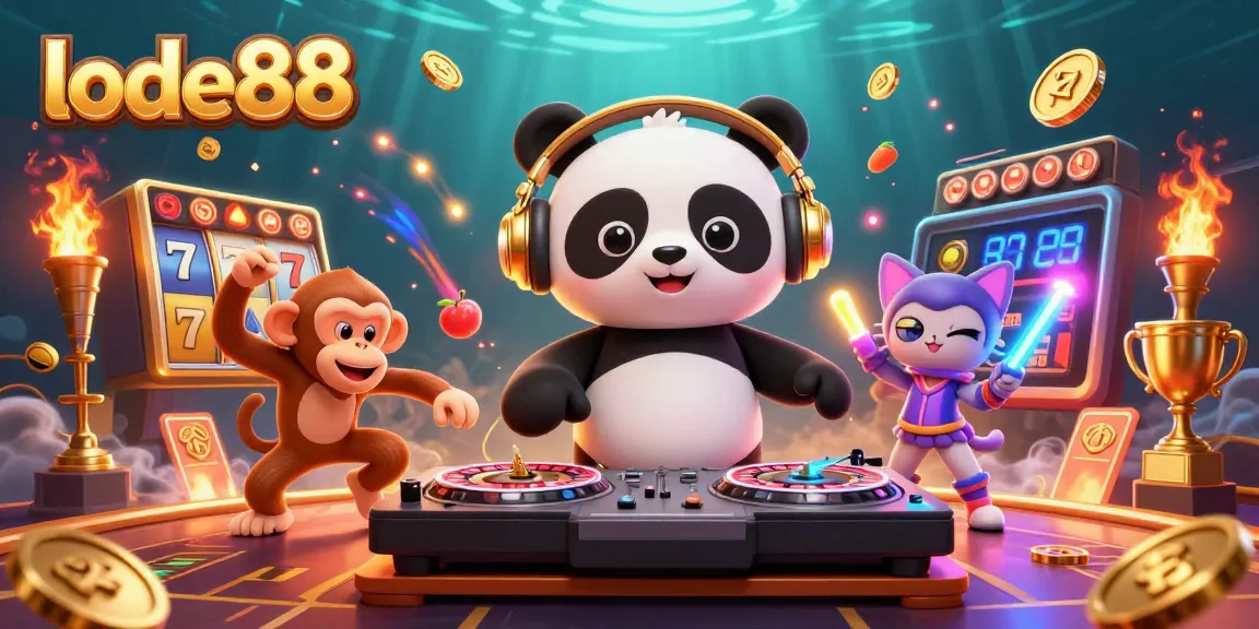 Experience thrilling gaming at lode88 with a dynamic casino scene featuring a DJ panda and exciting elements.