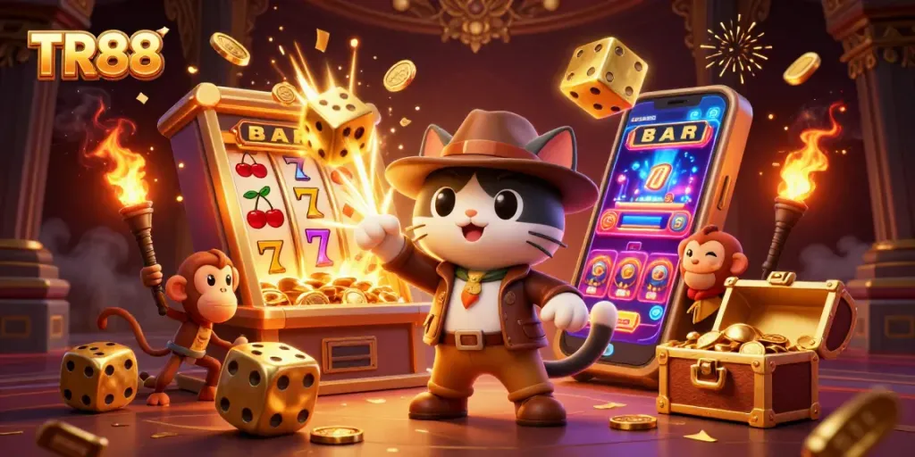 Engage with TR88 in this vibrant casino scene featuring a treasure hunt amidst jackpots and fun!
