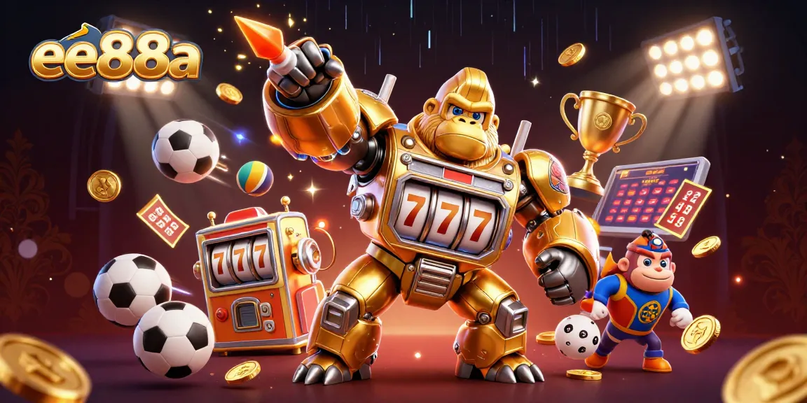 Experience the thrill of ee88a with a dynamic scene featuring a golden gorilla mech and sports elements.