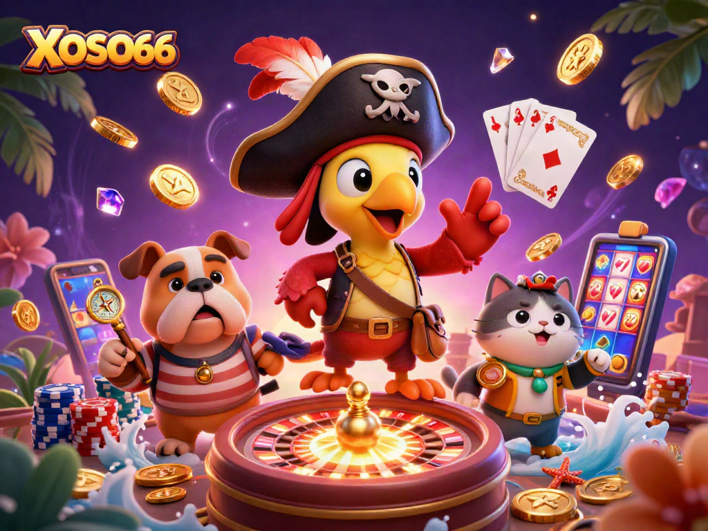 XOSO66 showcases a vibrant pirate adventure, spinning roulette, and dazzling gems.