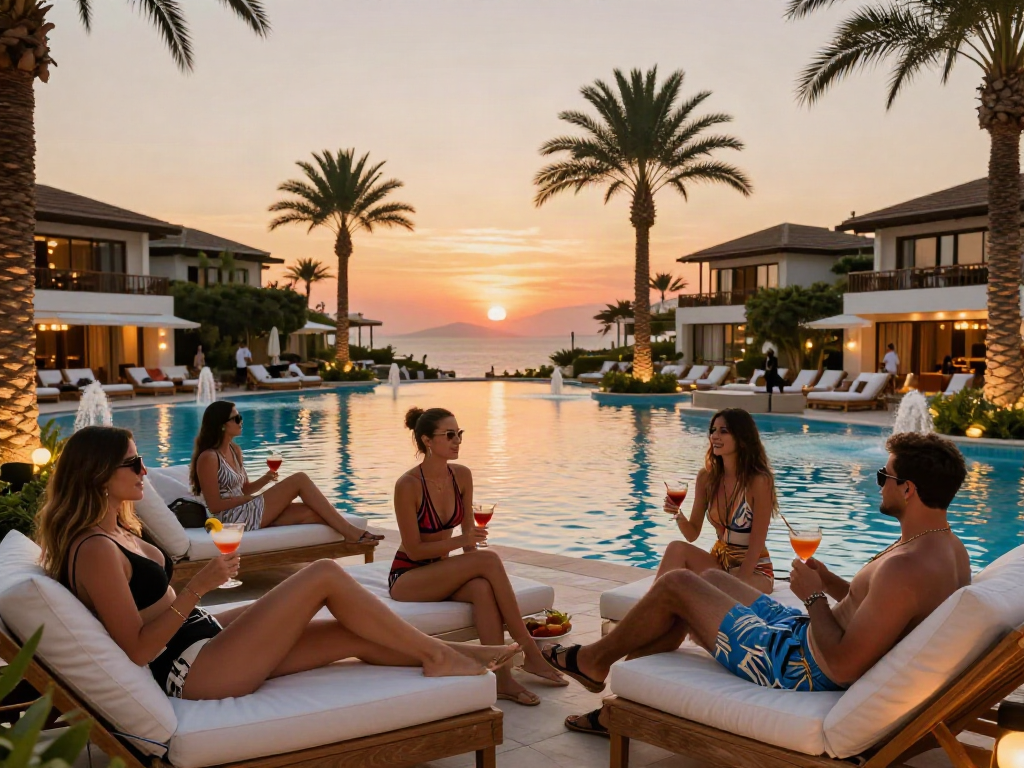 Antalya Eskort guests enjoying luxury poolside setting with cocktails and elegance.