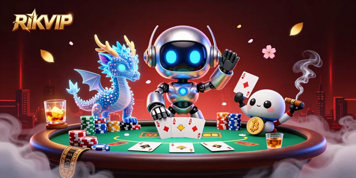 Engage in thrilling gaming with RIKVIP's vibrant casino illustration featuring advanced gaming elements and characters.