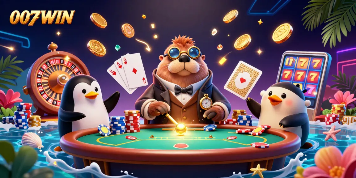 Win big at 007WIN with this vibrant casino scene featuring a walrus, penguin dealer, and pufferfish.