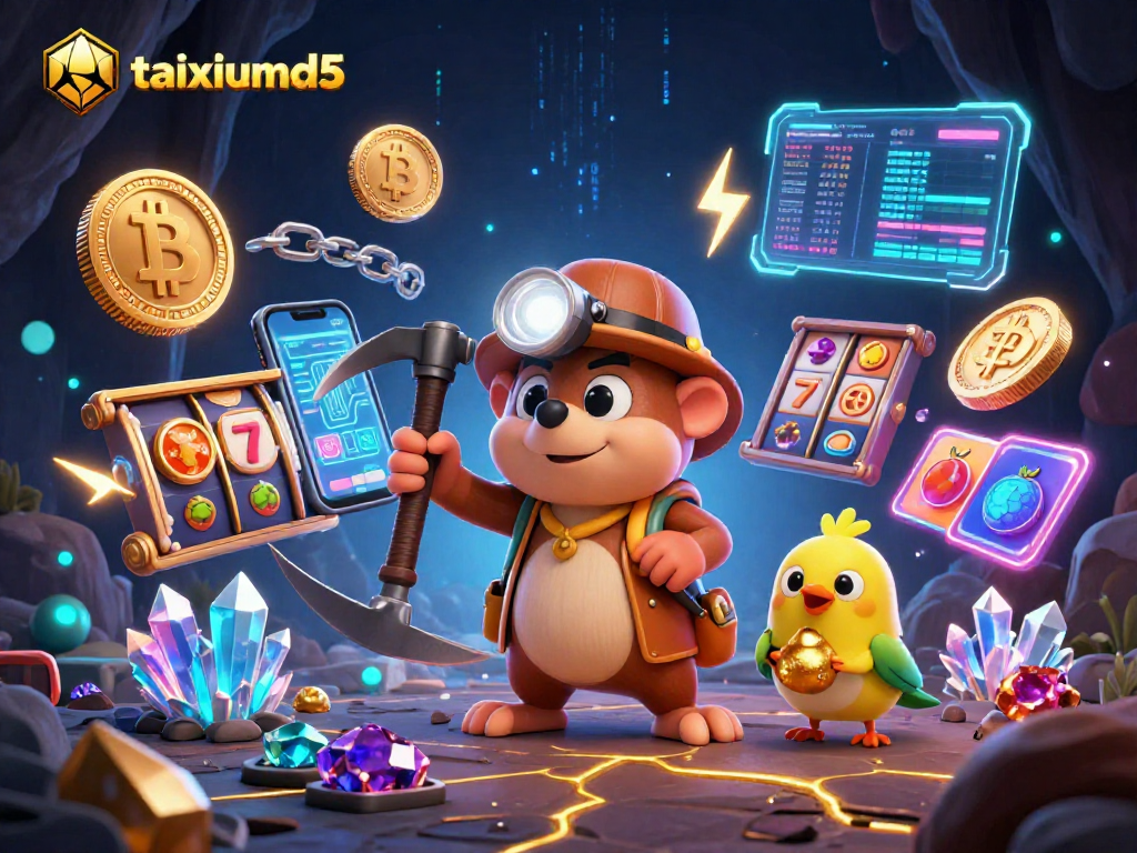 Join the excitement of taixiumd5 with vibrant slot elements and crypto characters in a rich 3D illustration.