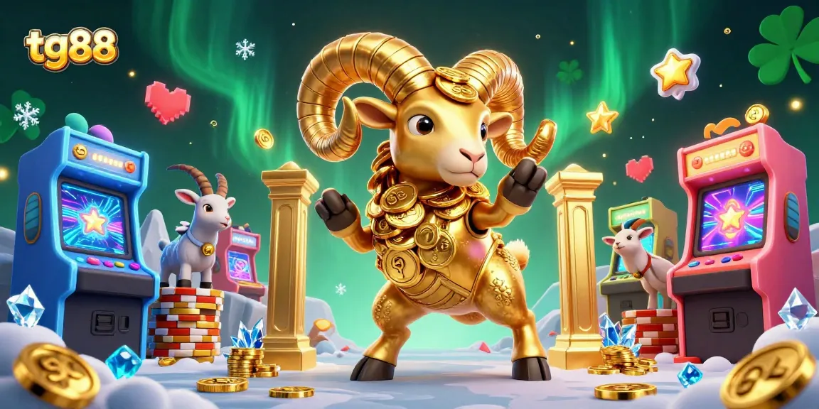 Experience the thrill of tg88 with golden ram symbolizing luck amid arcade-style gaming elements.