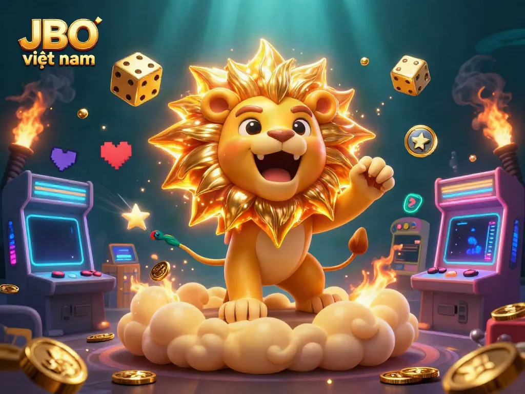 Engage with JBO việt nam as the cartoon sun lion triumphs on golden clouds with vibrant gaming elements.