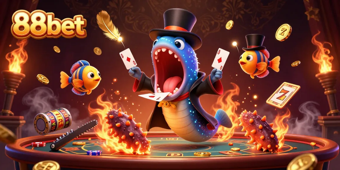 Experience 88bet's thrilling casino vibes with deep-sea creatures performing enchanting card tricks in a vibrant scene.