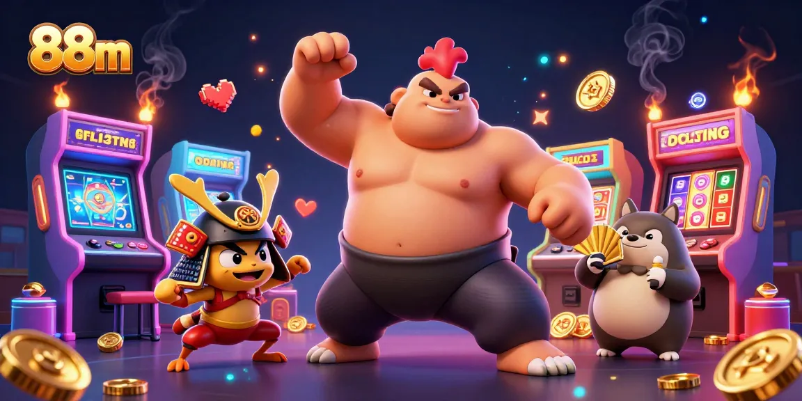 Engage in thrilling gameplay at 88m with vibrant 3D casino characters surrounded by exciting slot games.