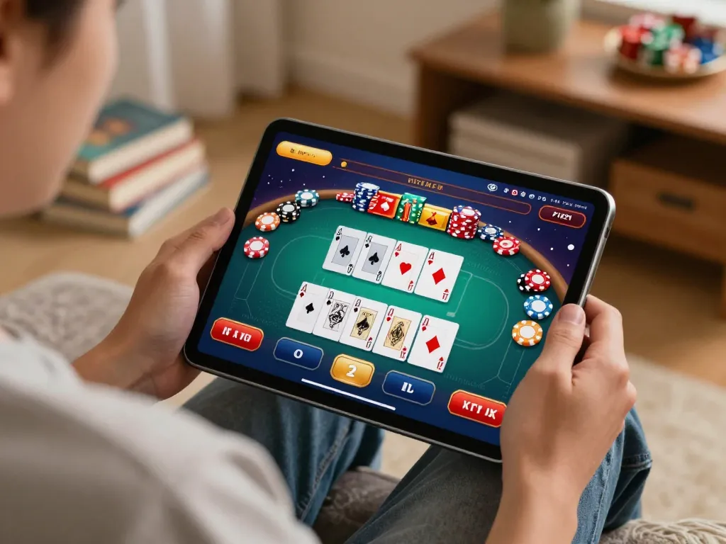 Engaging in online casino games at home, showcasing tg88 poker interface on a tablet