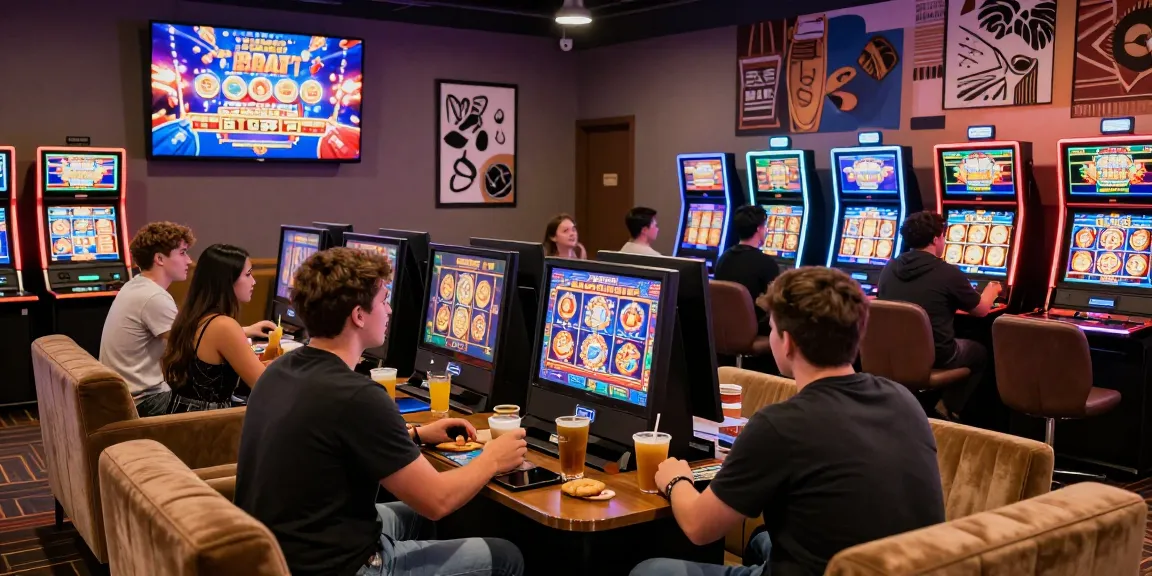 Players enjoying new online slot sites in a vibrant casino lounge, focusing on colorful games and shared excitement.