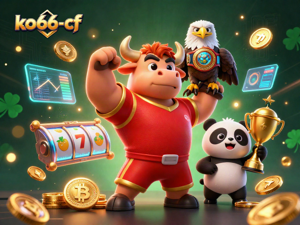 Engage with the exciting ko66-cf experience featuring a 3D bull, eagle, and panda amidst vibrant casino elements.