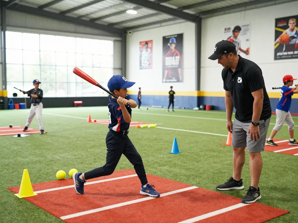 Young athlete at Hit Club practicing baseball swing with coach guidance in dynamic training facility.