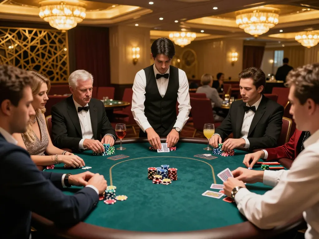 Players engaging in strategic poker gameplay at an upscale casino table, with SC88 chips stacked and cards being dealt.