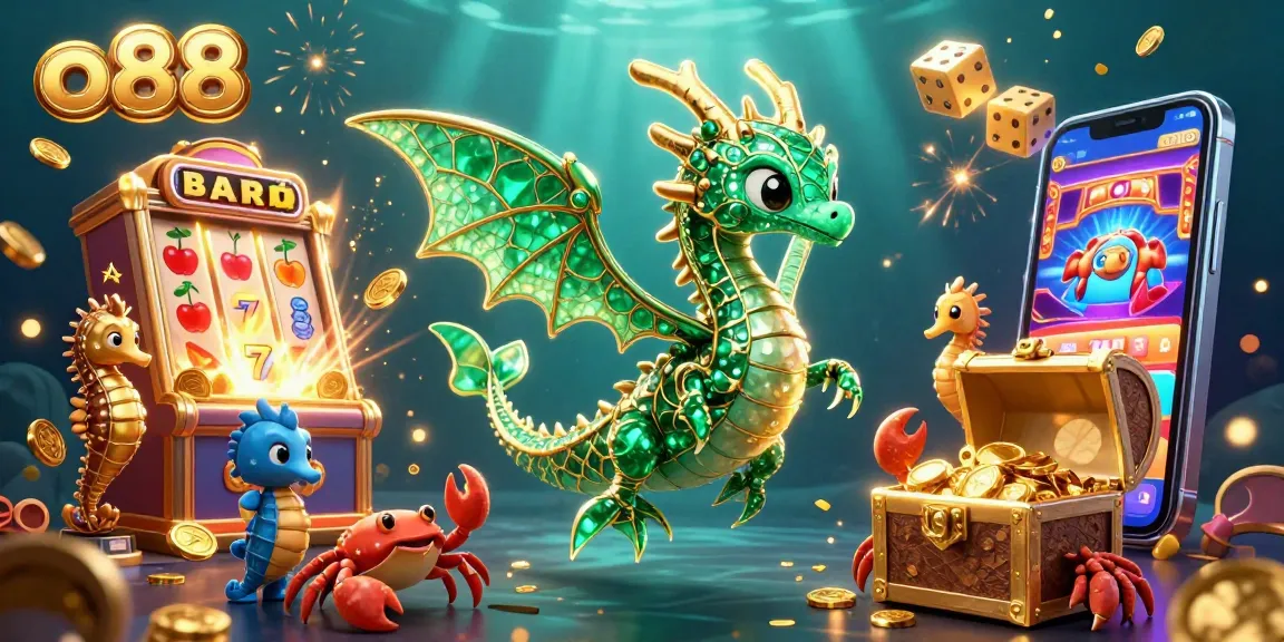 Experience the thrill of o88 with a vibrant underwater casino illustration showcasing a dragon, slot machine, and treasure.