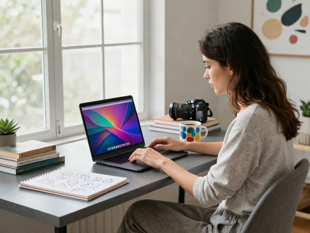 A creative woman focused on nsfw digital artwork in a modern home office, surrounded by art books and natural light.