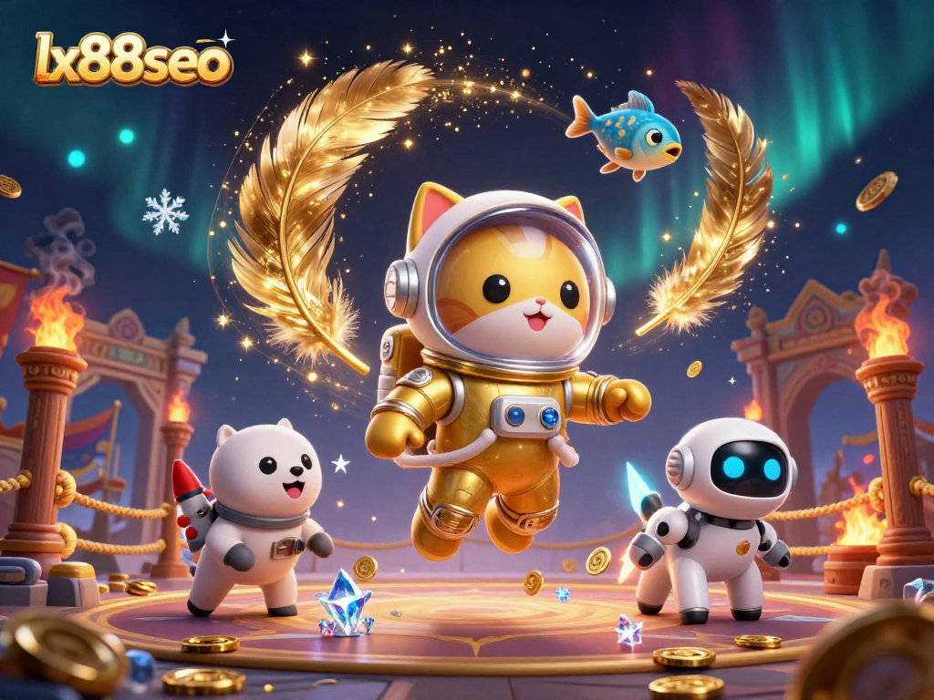 Engage with lx88seo's innovative 3D casino scene featuring a space cat, robot dog, and cosmic elements.
