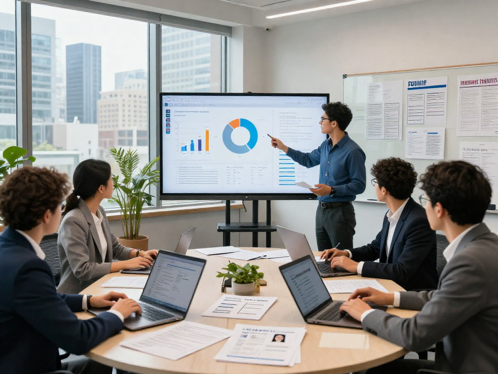 Team collaborating on document fraud detection analysis with digital metrics displayed in modern office.