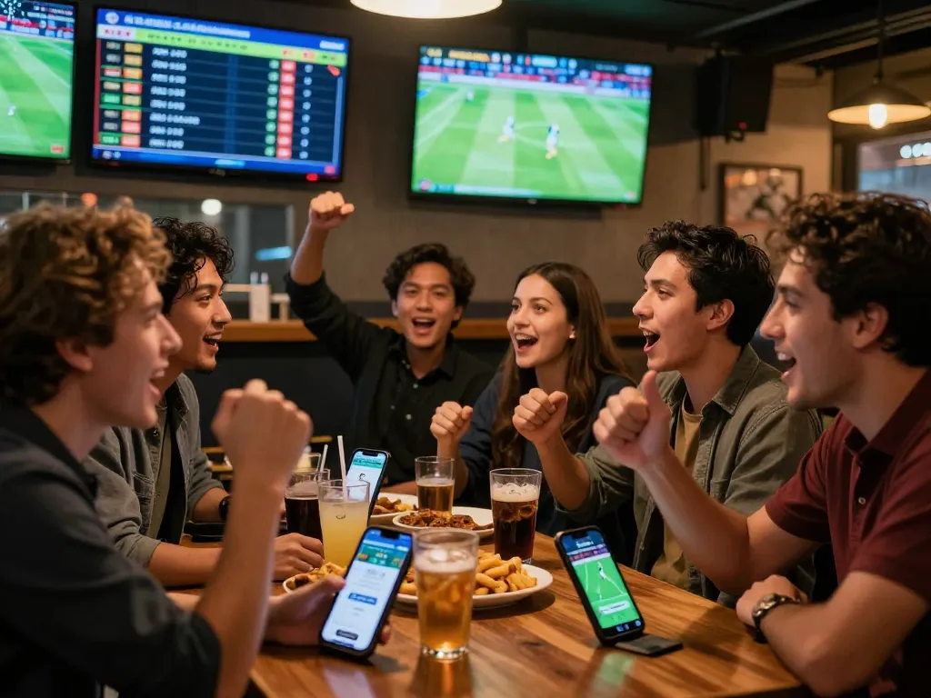Friends engaging with kèo nhà cái at a lively sports bar with live football updates.