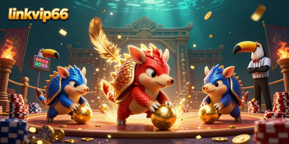 linkvip66 offers an exciting gaming experience with vivid pangolin characters, poker chips, and vibrant casino elements.