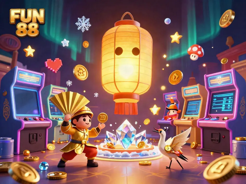 Engage with the thrilling experience at FUN 88's vibrant casino atmosphere, showcasing golden lanterns and game machines.