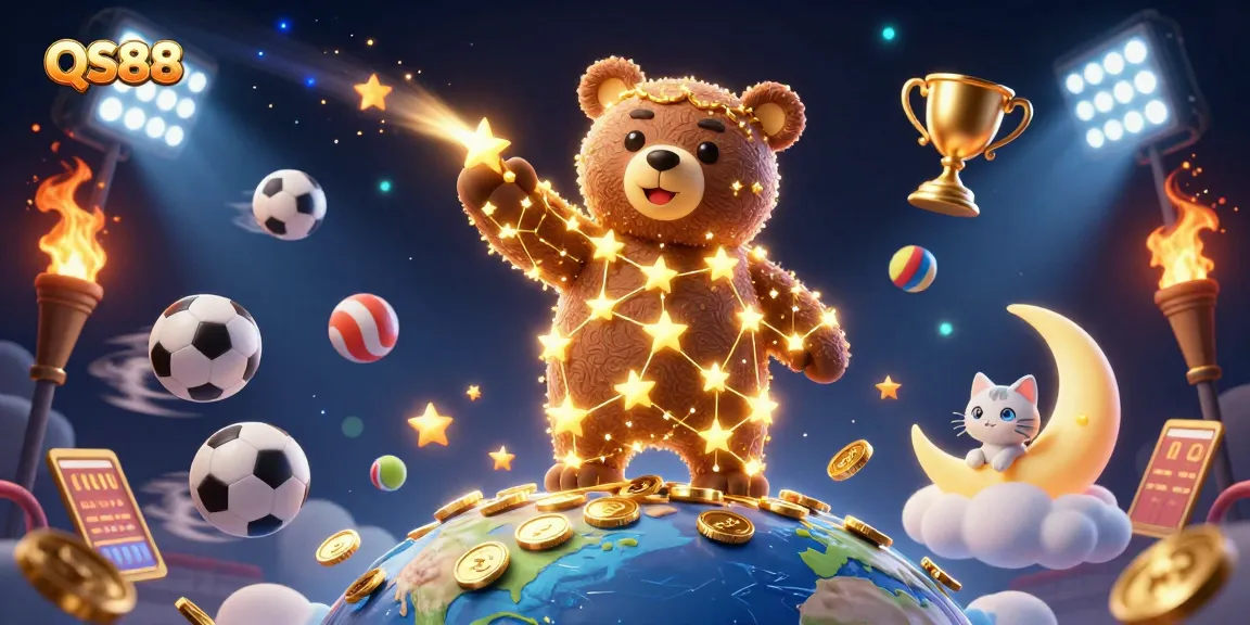 QS88 engages players with a cartoon bear collecting coins amidst a vibrant casino scene.