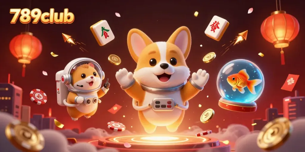 Explore the thrilling universe of 789club with a floating corgi astronaut amidst vibrant casino elements.