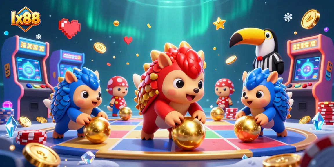 Experience thrilling gameplay with lx88 as rival pangolins bowl through poker chips in a vibrant casino scene.