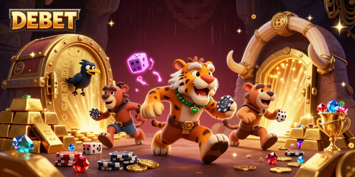 DEBET showcases a dynamic prehistoric casino scene with engaging characters and vibrant treasures.