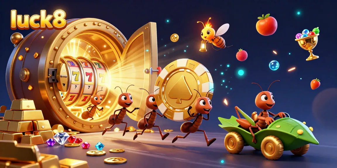 Experience luck8 as excited ants heist a giant poker chip in a vibrant 3D casino setting.
