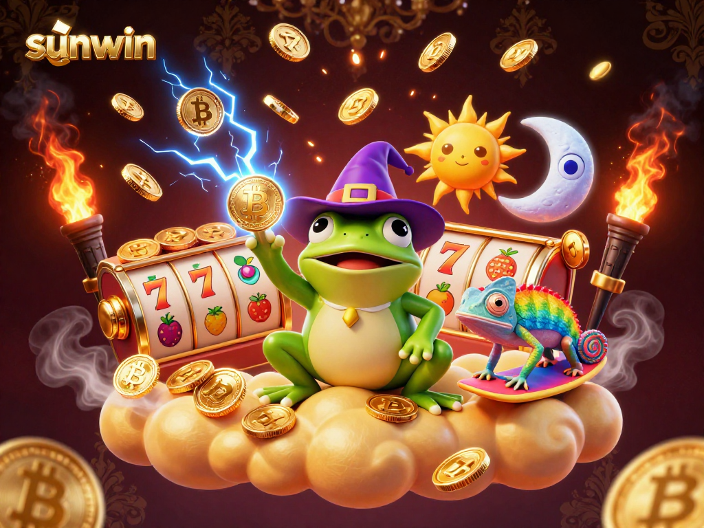 Win big with sunwin as the weather wizard frog rains golden coins in this vibrant casino scene.