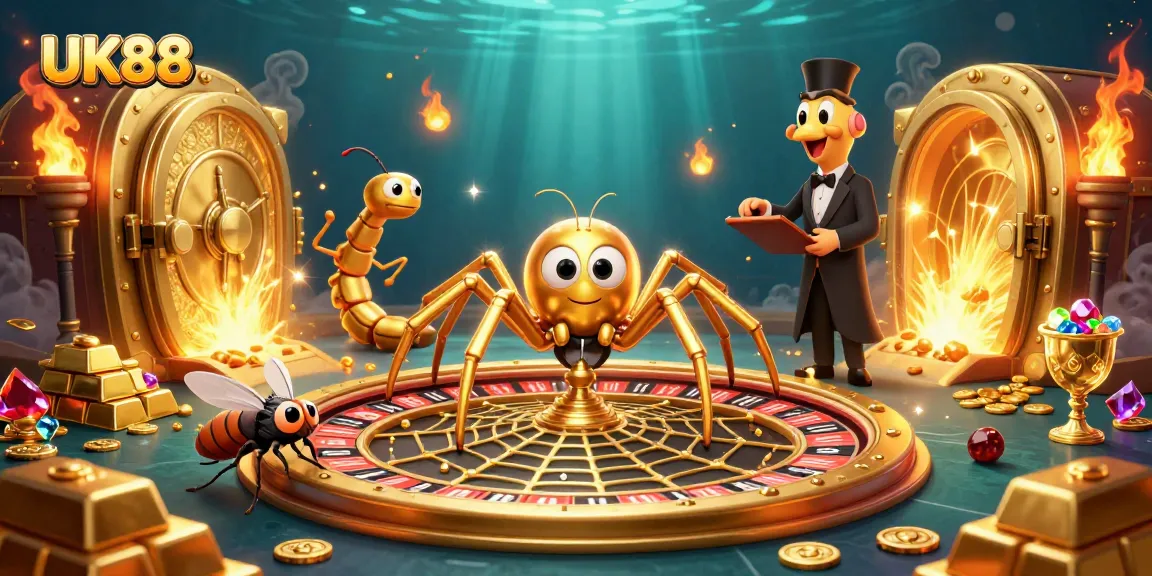 Experience the thrill of betting at UK88 with a dynamic roulette scene featuring a spider, fly, and centipede.