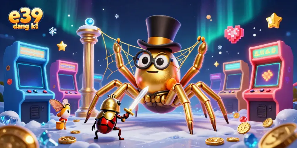 Engage with thrilling e39 đăng ký gaming action featuring a giant golden tarantula and beetle knight in a dynamic casino scene.