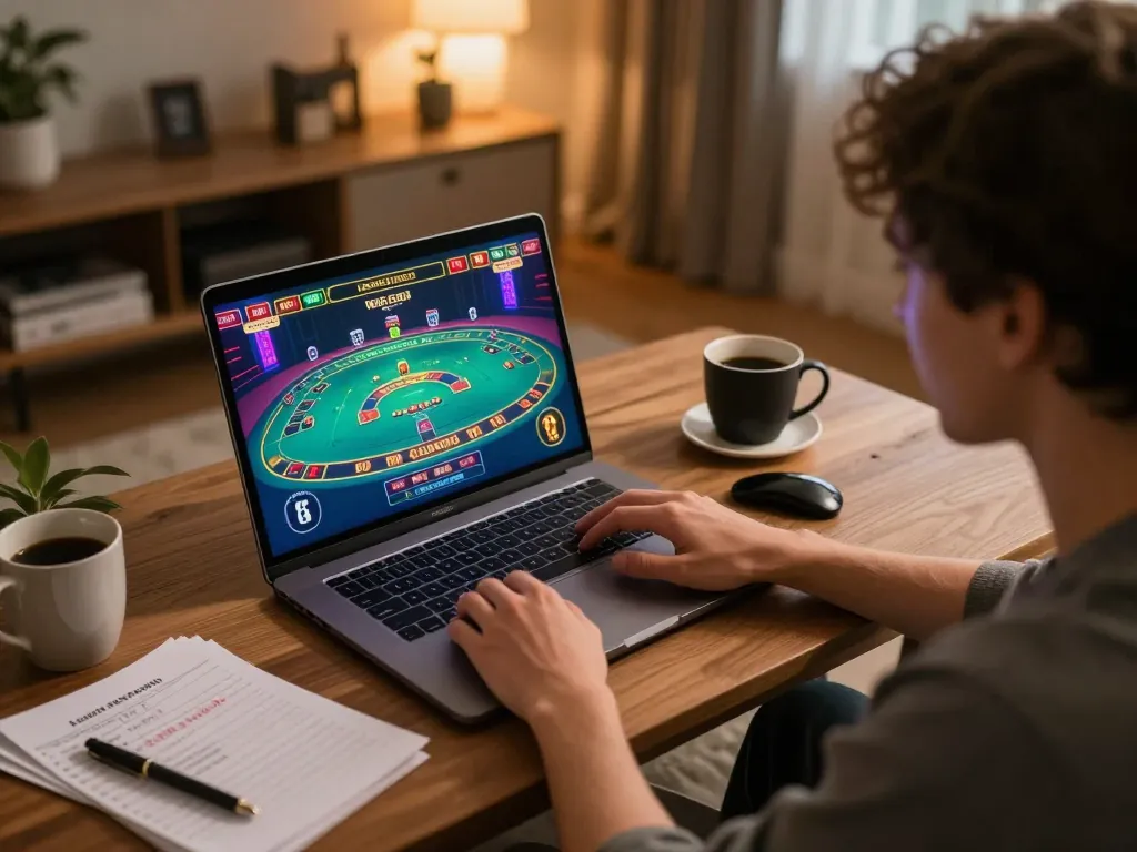 Player engaging in strategic online gaming on laptop while using 789betss for casino entertainment