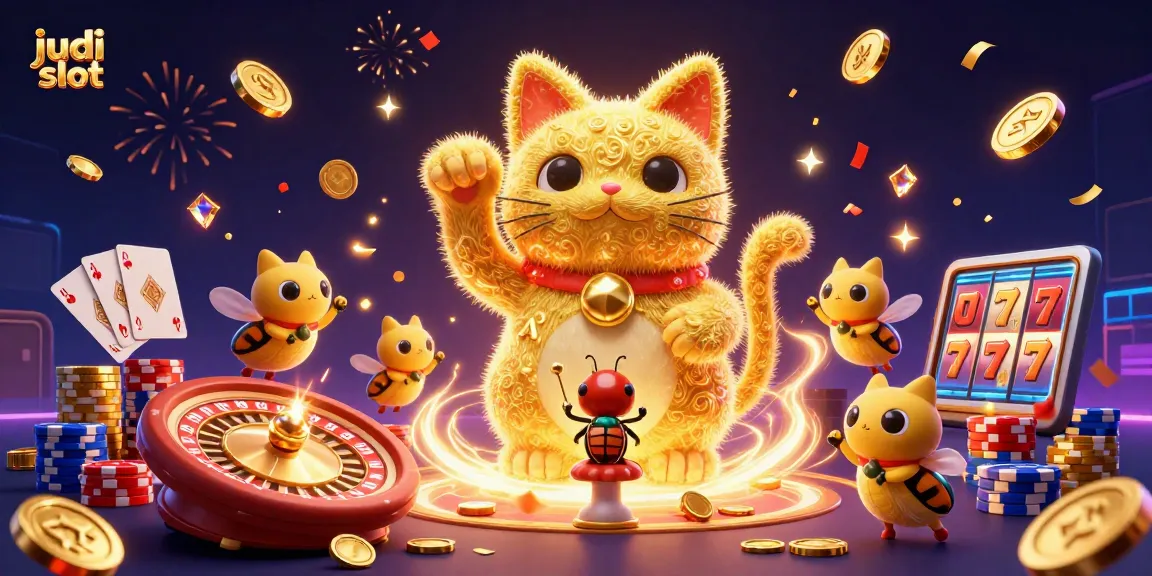 Engage with judi slot excellence, featuring a vivid lucky cat and dynamic casino symbols.