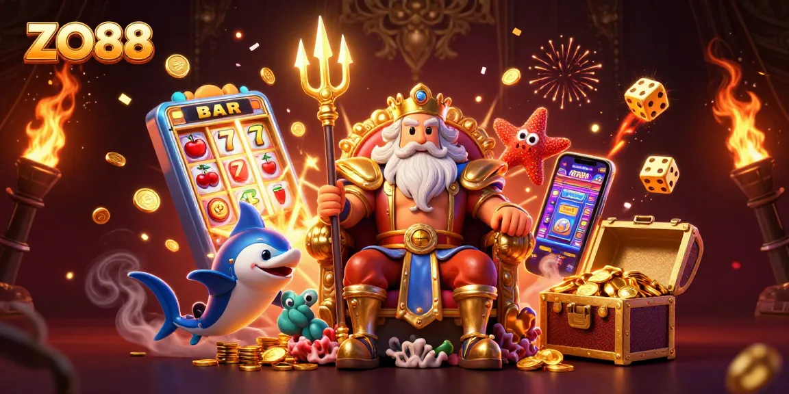 Experience ZO88 action with Neptune and a jackpot explosion in a colorful casino scene.
