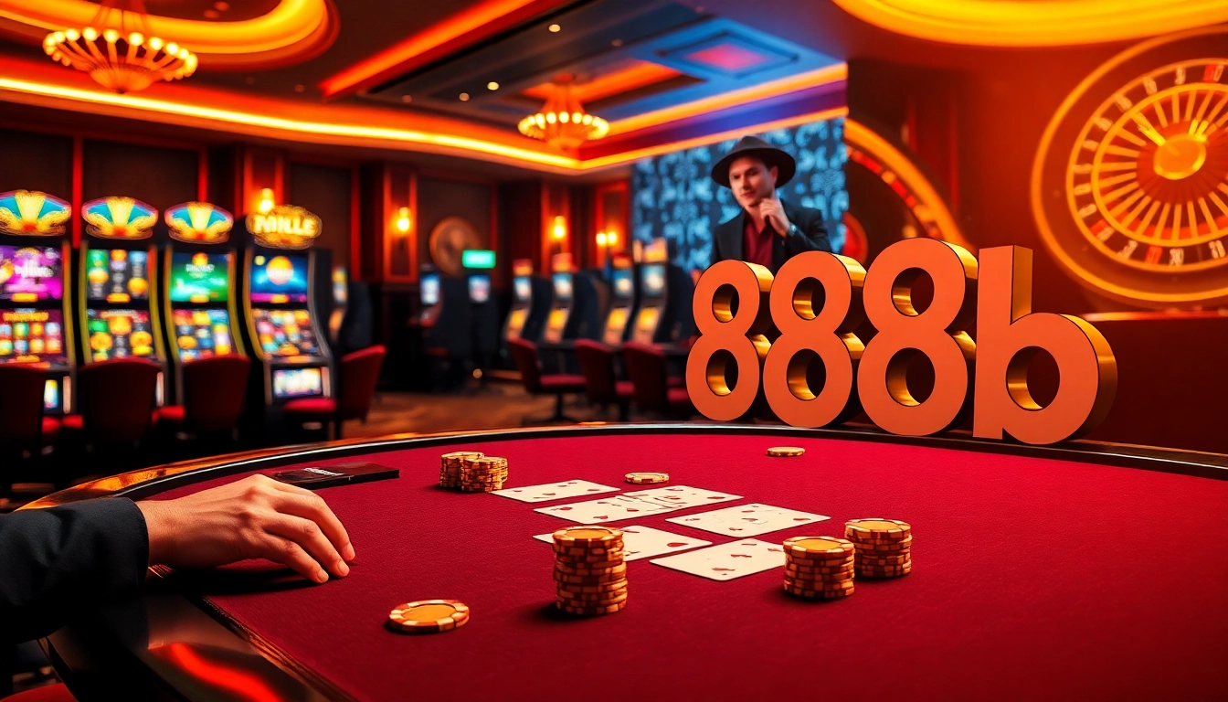 Experience thrilling gaming action at 888b with poker tables and vibrant slot machines.