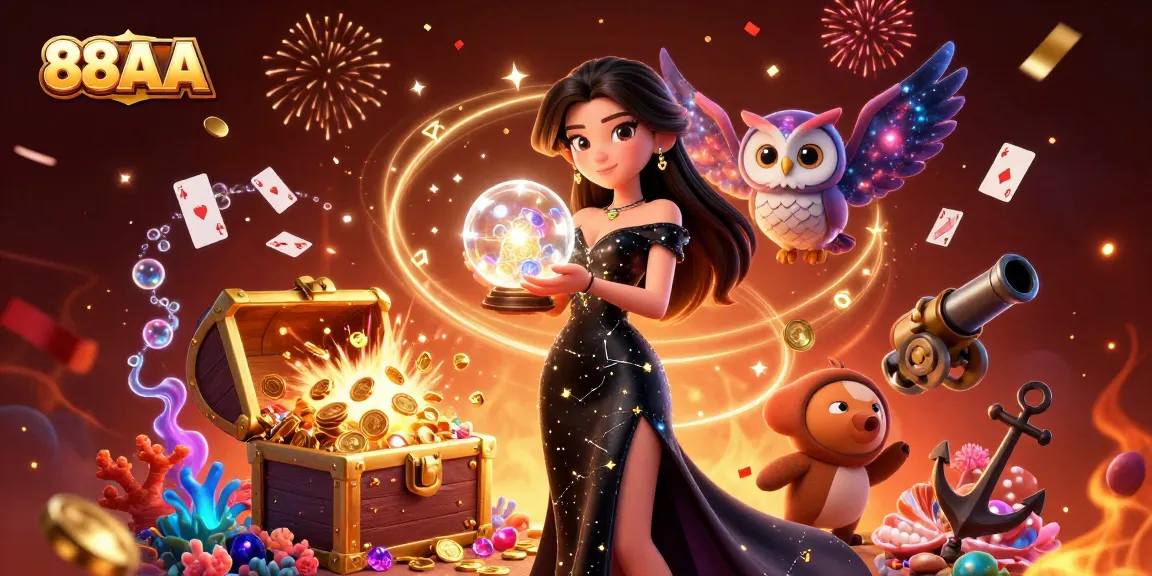 Engage with 88AA's magical experience featuring a glamorous woman and mystical owl amidst casino-themed treasures.