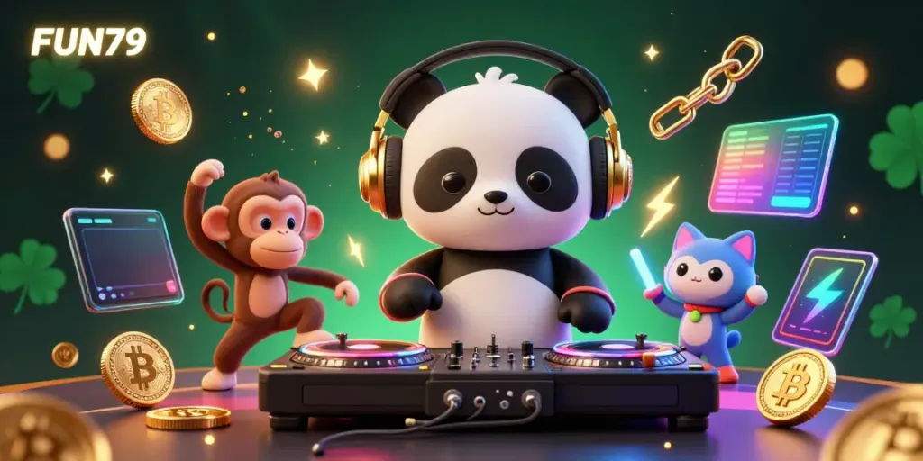 Engage with FUN79's vibrant casino scene featuring DJ panda, dancing monkey, and rave kitten amidst neon coins.