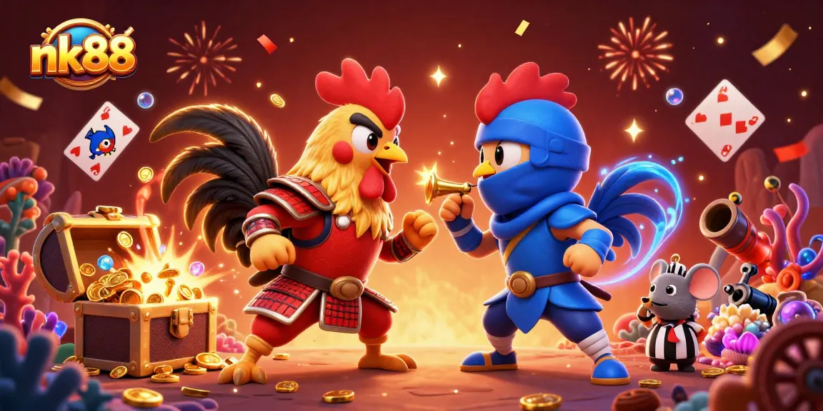 Experience thrilling moments with nk88 as cartoon roosters compete over gold treasures in an elaborate casino scene.