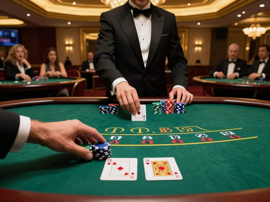 Experience high-stakes blackjack action with debet strategies at a luxurious casino table.