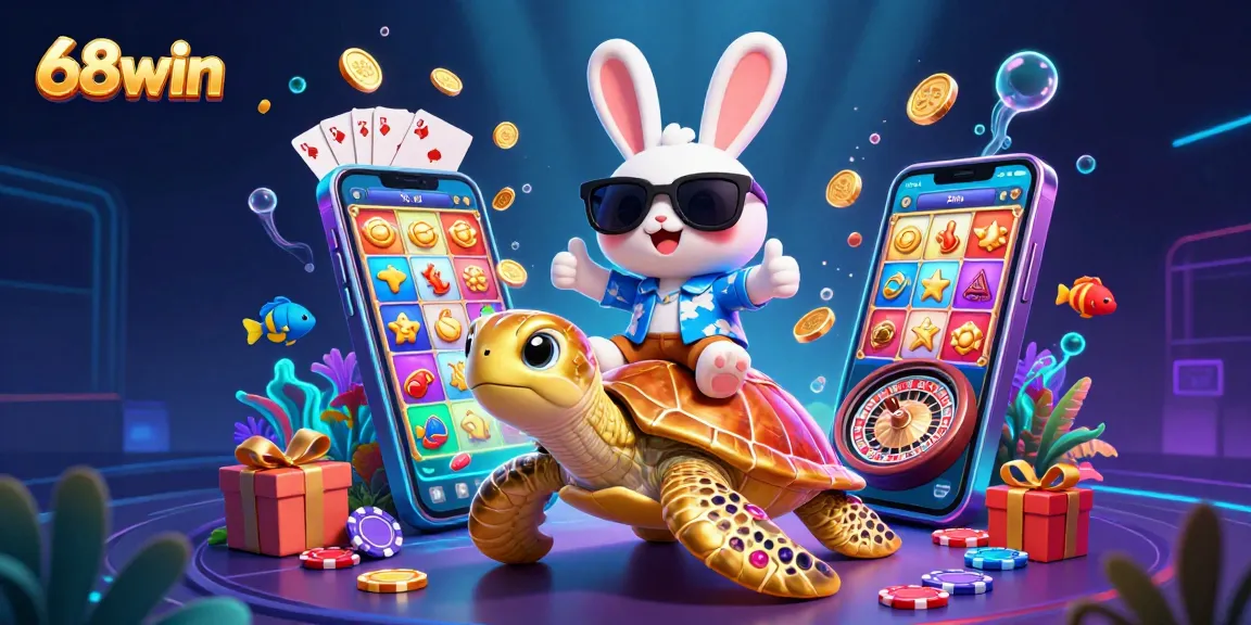 Experience thrilling gaming with 68win, featuring a lucky rabbit and golden turtle in a vibrant casino scene.