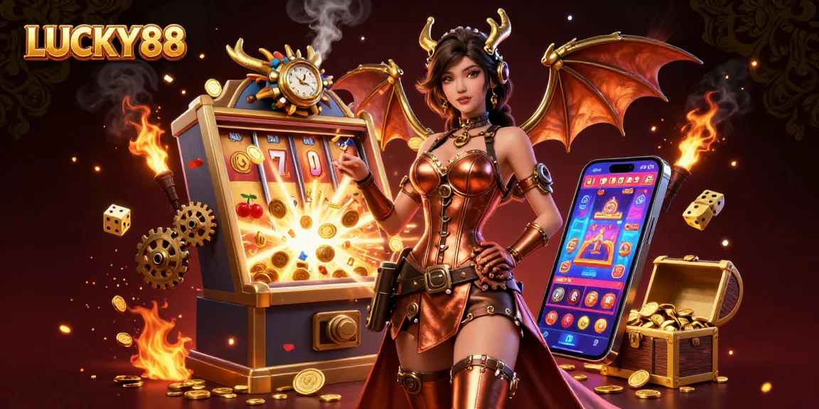 Experience the thrill of LUCKY88 in this vibrant, dynamic casino-themed illustration.