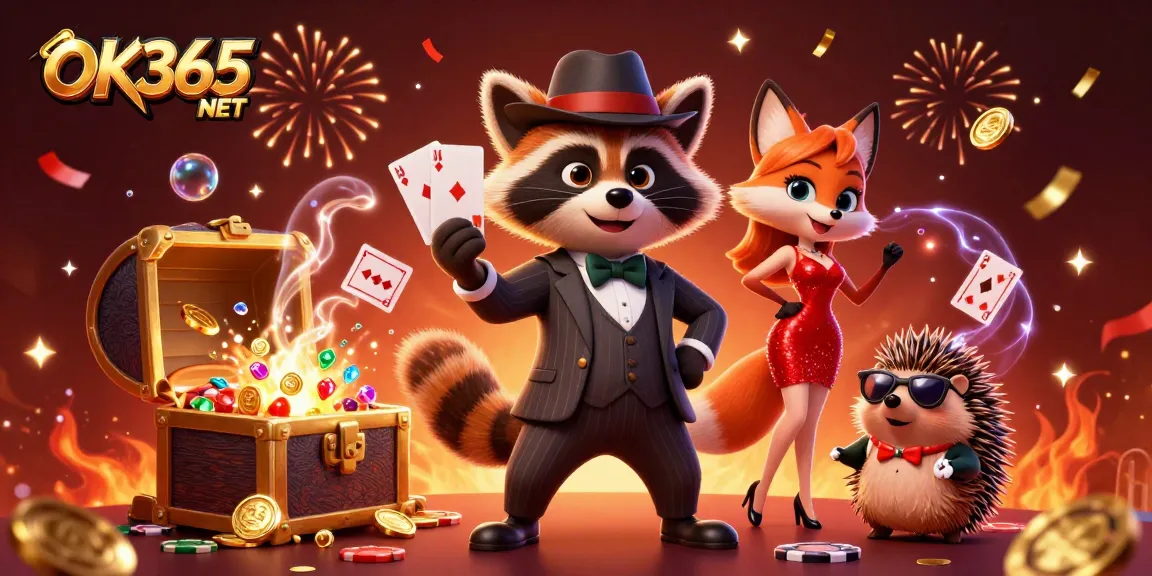 Engage with the thrilling world of OK365 NET, featuring vibrant casino elements and lively characters!
