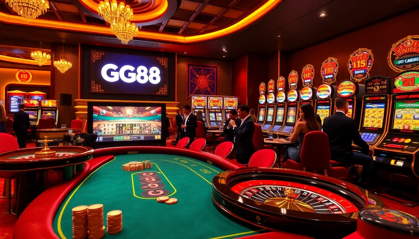 Experience the excitement of GG88 with a vibrant casino scene featuring poker tables and colorful slot machines.
