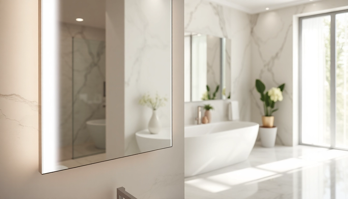 Shiny elegant LED mirror reflecting light in a sophisticated bathroom setting.
